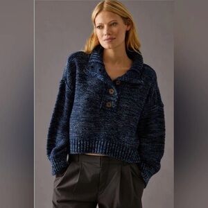 Pilcro Anthropologie Mega Henley Knit Sweater XS Blue Heathered